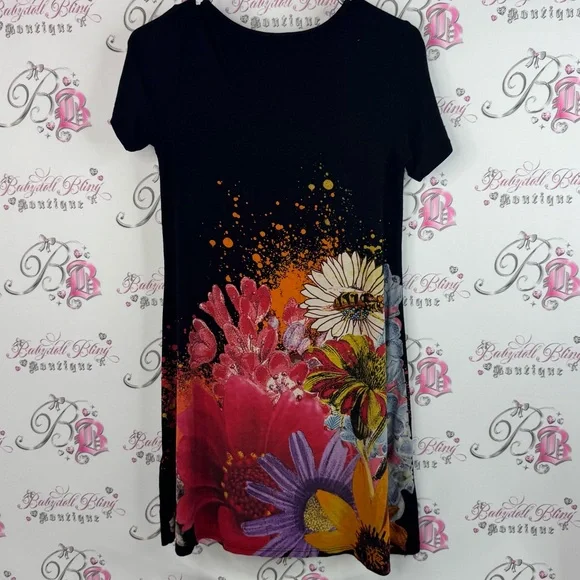 Desigual dress flowers bee 🐝 embroidered Black Floral Midi Dress - Picture 2 of 8